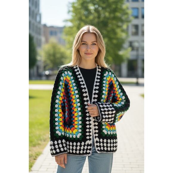 Handmade‎ Crochet Bright Vibrant Hexi Cardigan Boho Festival  Fits S to L (3003) - Picture 5 of 11